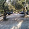Parcheggio sterrato tra alberi, auto parcheggiate ai lati.
