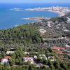 Vista aerea di una costa con foresta e città sullo sfondo.
