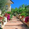 Scalinata in mattoni decorata con vasi di fiori colorati e piante verdi, conduce a un'abitazione.