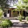 Giardino verdeggiante con bungalow e piante tropicali.