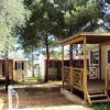 Case mobili in legno tra alberi.